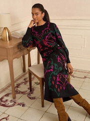 Love & Roses Black Floral Jaquard Knitted Midi Dress - Image 3 of 4