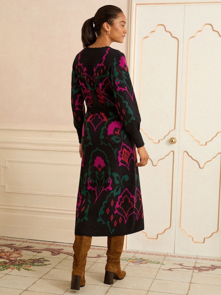 Love & Roses Black Floral Jaquard Knitted Midi Dress - Image 4 of 4