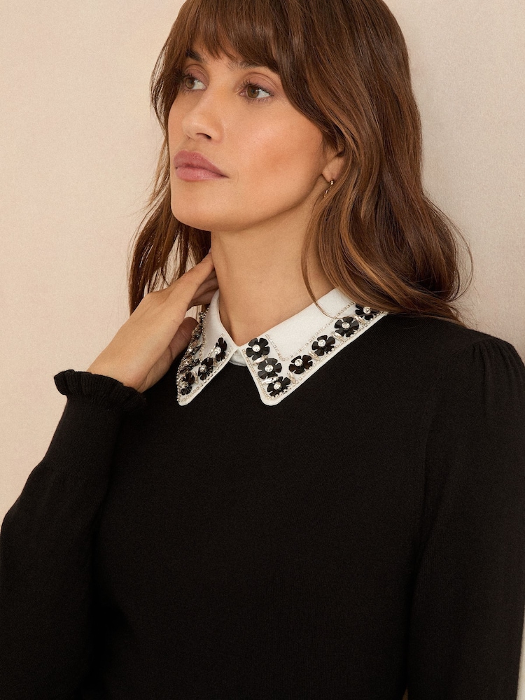 Love & Roses Black Embellished Woven Collar Knitted Mini Dress - Image 4 of 4
