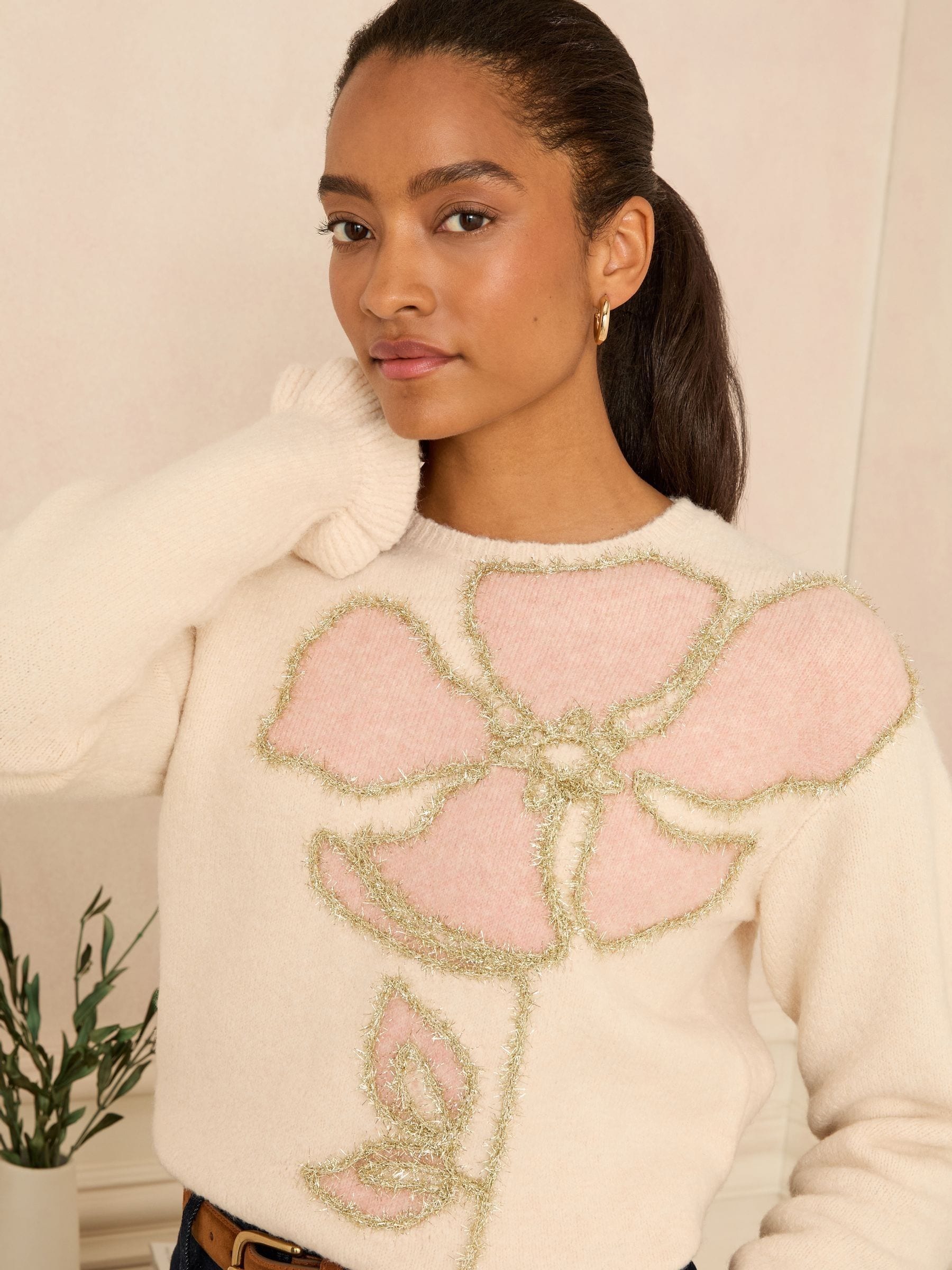 Buy Love & Roses Ivory Tinsel Flower Cornelli Knit Jumper from the