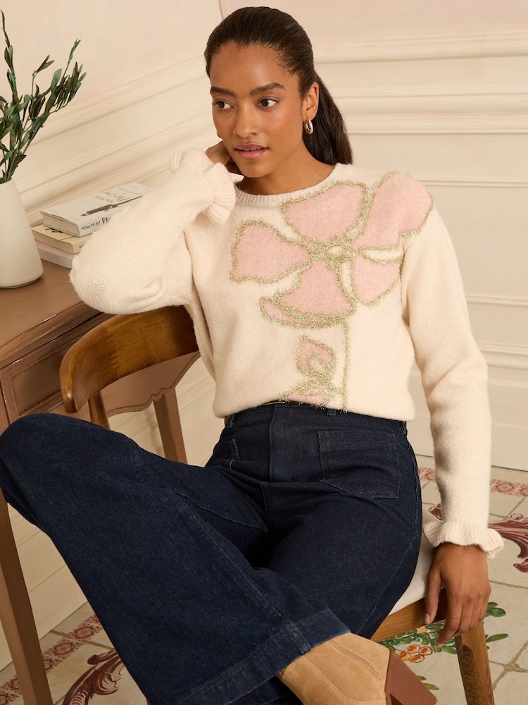 Love & Roses Ivory Tinsel Flower Cornelli Knit Jumper - Image 1 of 4