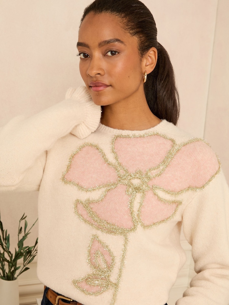 Love & Roses Ivory Tinsel Flower Cornelli Knit Jumper - Image 2 of 4