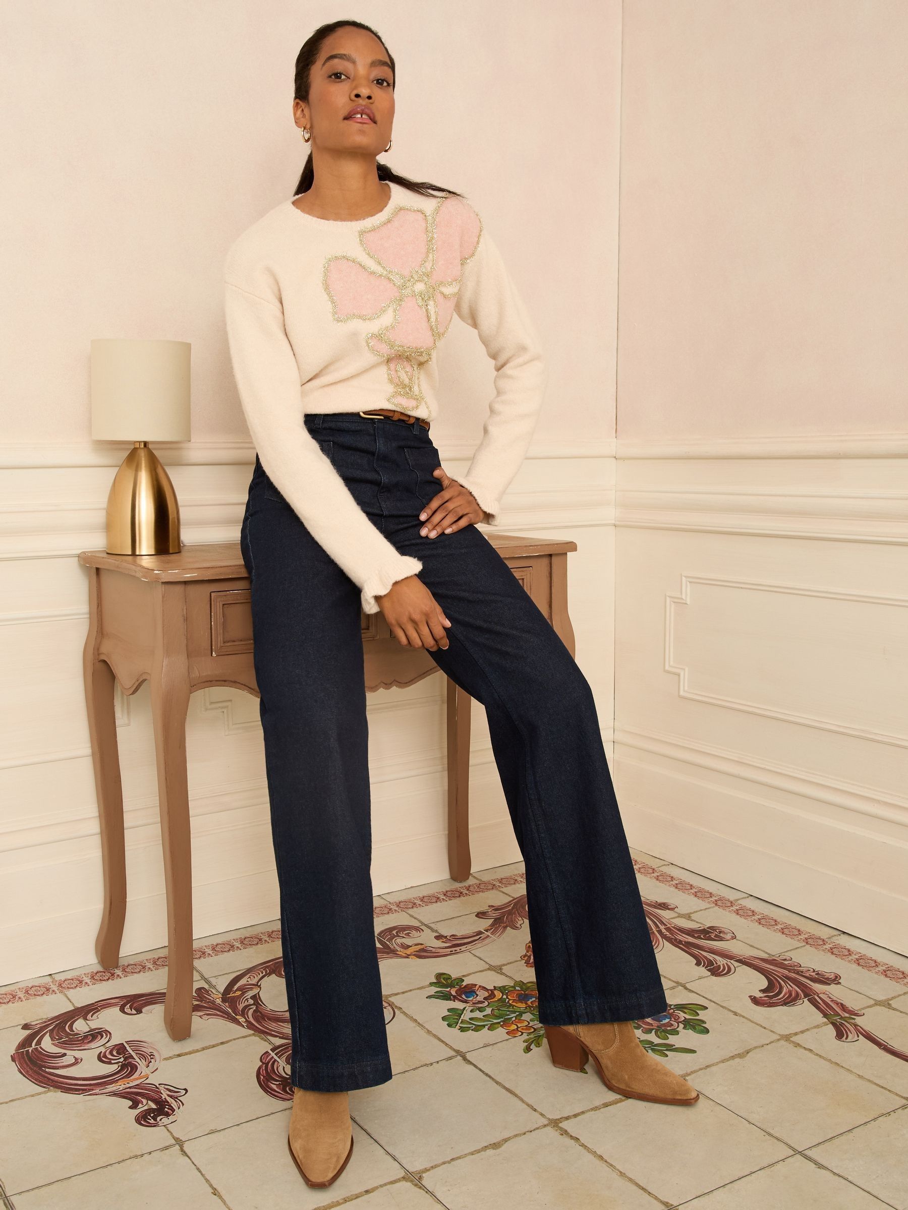 Buy Love & Roses Ivory Tinsel Flower Cornelli Knit Jumper from the
