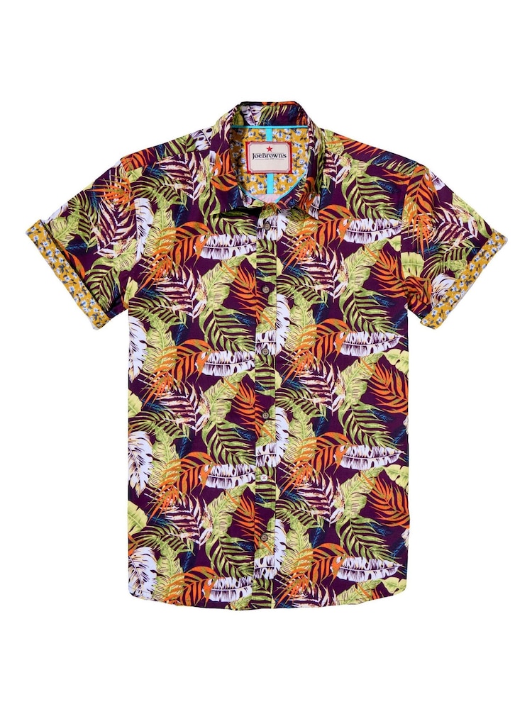 Joe Browns Purple Palm Leaf Print Casual Short Sleeve 100% Cotton Shirt - Image 1 of 4
