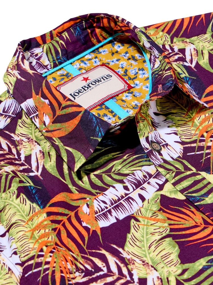 Joe Browns Purple Palm Leaf Print Casual Short Sleeve 100% Cotton Shirt - Image 4 of 4