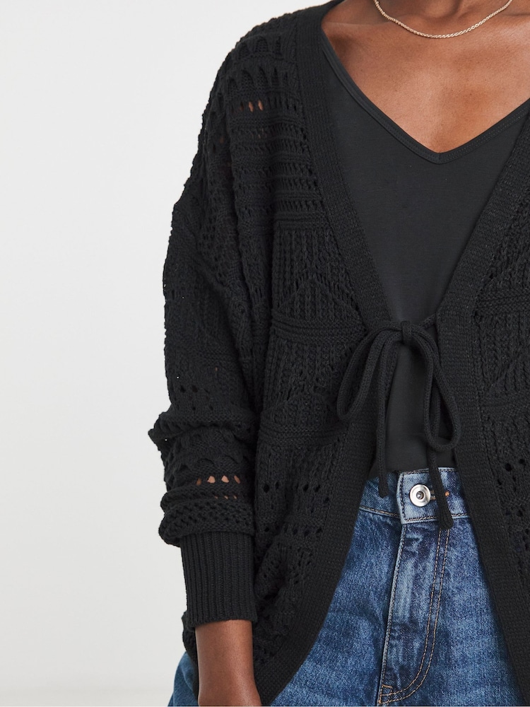 JD Williams Black Tie Front Crochet Cardigan - Image 4 of 4