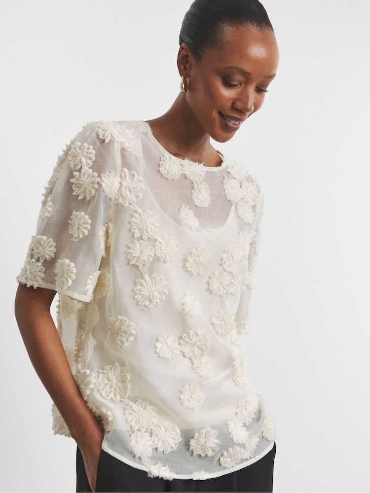 Joanna Hope Floral Textured White Blouse - Image 1 of 4 Joanna Hope Floral Textured White Blouse - Image 1 of 4