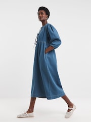 JD Williams Blue Denim Tie Front Peplum Midi Dress - Image 1 of 4
