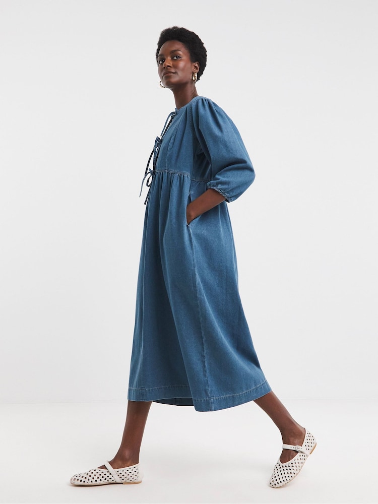 JD Williams Blue Denim Tie Front Peplum Midi Dress - Image 1 of 4