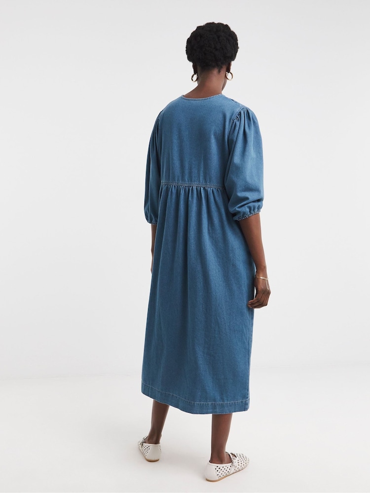 JD Williams Blue Denim Tie Front Peplum Midi Dress - Image 2 of 4