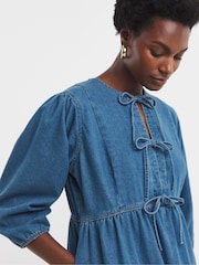 JD Williams Blue Denim Tie Front Peplum Midi Dress - Image 3 of 4
