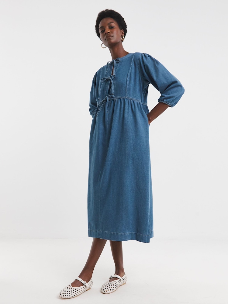 JD Williams Blue Denim Tie Front Peplum Midi Dress - Image 4 of 4