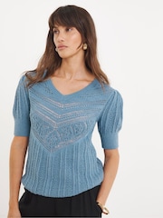 JD Williams Blue Crochet V-Neck Short Sleeve Jumper - Image 1 of 4