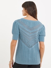JD Williams Blue Crochet V-Neck Short Sleeve Jumper - Image 2 of 4