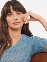 JD Williams Blue Crochet V-Neck Short Sleeve Jumper - Image 3 of 4