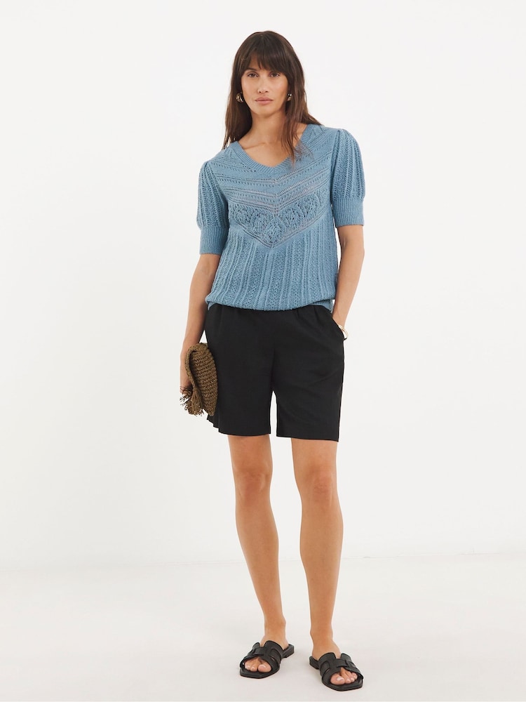 JD Williams Blue Crochet V-Neck Short Sleeve Jumper - Image 4 of 4