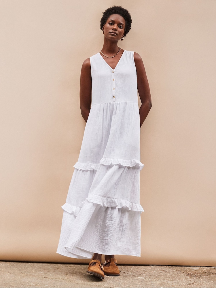 Ro&Zo White V-Neck Cheesecloth Midaxi 100% Cotton Dress - Image 1 of 3