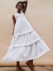 Ro&Zo White V-Neck Cheesecloth Midaxi 100% Cotton Dress - Image 2 of 3
