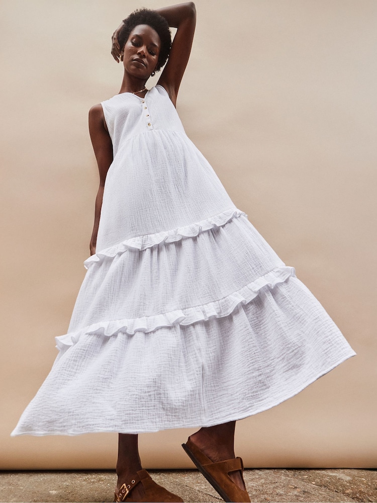 Ro&Zo White V-Neck Cheesecloth Midaxi 100% Cotton Dress - Image 2 of 3