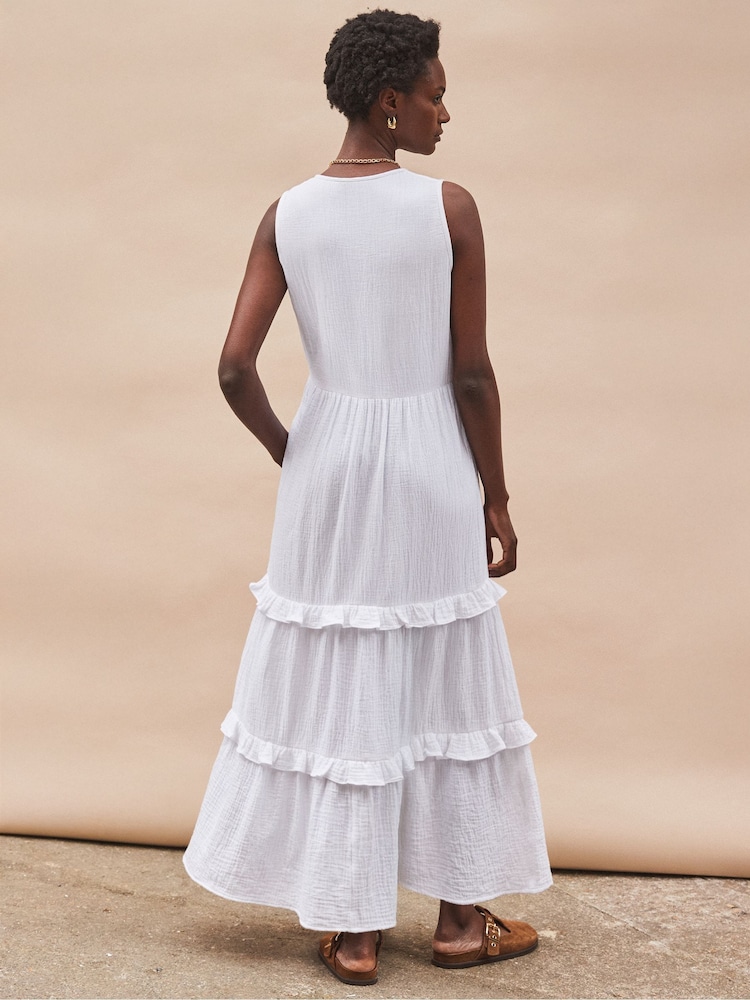 Ro&Zo White V-Neck Cheesecloth Midaxi 100% Cotton Dress - Image 5 of 5