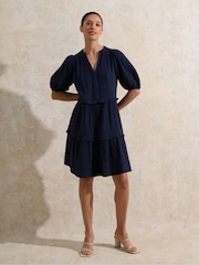 Ro&Zo Blue Petite Short Sleeve Cheesecloth 100% Cotton Mini Dress - Image 1 of 4