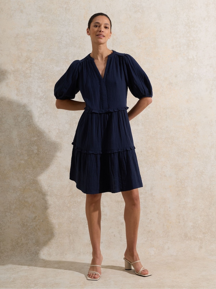 Ro&Zo Blue Petite Short Sleeve Cheesecloth 100% Cotton Mini Dress - Image 1 of 4