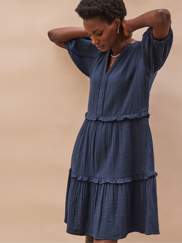 Ro&Zo Blue Short Sleeve Cheesecloth 100% Cotton Mini Dress - Image 1 of 4