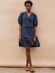 Ro&Zo Blue Short Sleeve Cheesecloth 100% Cotton Mini Dress - Image 3 of 4