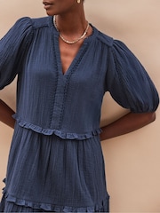 Ro&Zo Blue Short Sleeve Cheesecloth 100% Cotton Mini Dress - Image 4 of 4