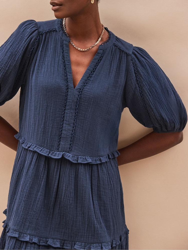 Ro&Zo Blue Short Sleeve Cheesecloth 100% Cotton Mini Dress - Image 4 of 4