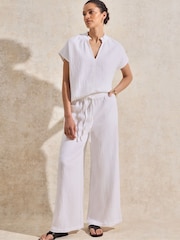 Ro&Zo White Petite 100% Cotton Cheesecloth Wide Leg Trousers - Image 1 of 3