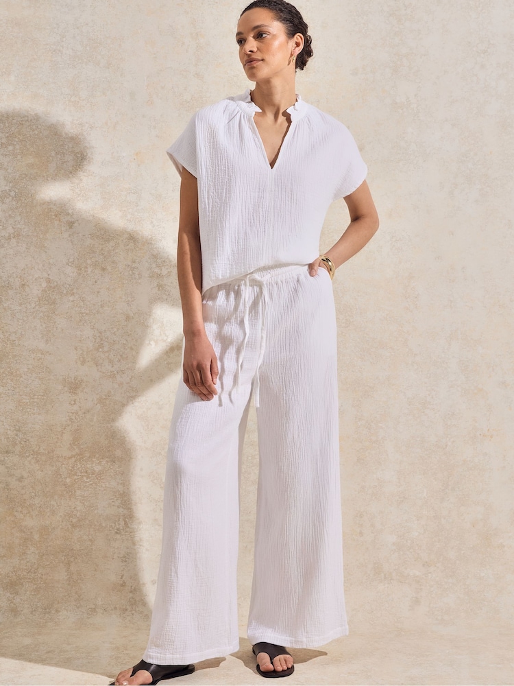 Ro&Zo White Petite 100% Cotton Cheesecloth Wide Leg Trousers - Image 1 of 3