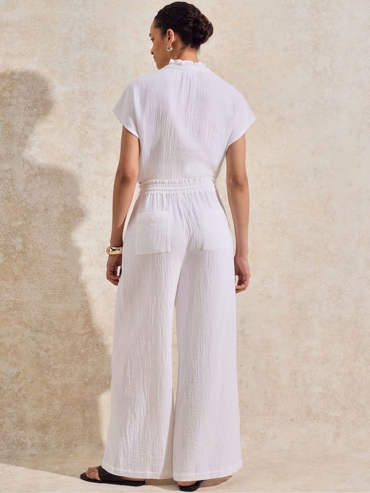 Ro&Zo White Petite 100% Cotton Cheesecloth Wide Leg Trousers - Image 3 of 3