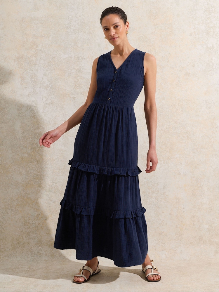 Ro&Zo Blue Petite V-Neck Cheesecloth 100% Cotton Midaxi Dress - Image 1 of 3