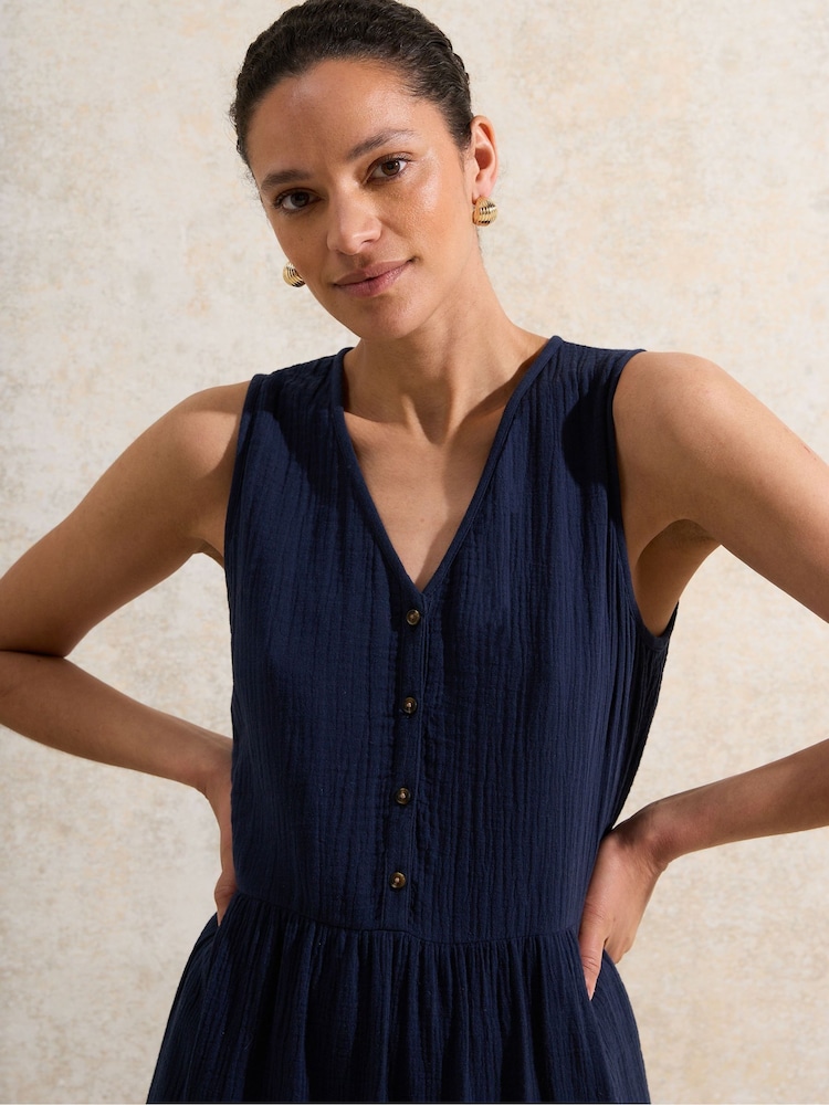 Ro&Zo Blue Petite V-Neck Cheesecloth 100% Cotton Midaxi Dress - Image 2 of 3