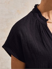 Ro&Zo Black 100% Cotton Frill Neck Cheesecloth Top - Image 5 of 7
