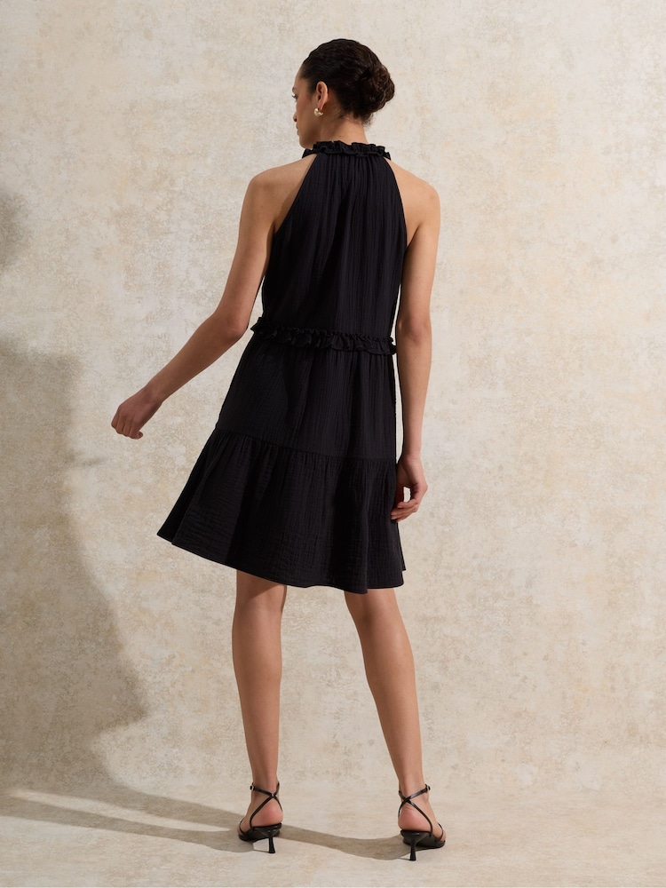 Ro&Zo Black Petite Frill Halter Cheesecloth 100% Cotton Mini Dress - Image 4 of 4