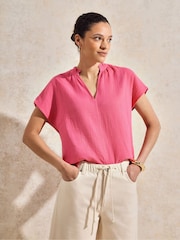 Ro&Zo Pink 100% Cotton Frill Neck Cheesecloth Top - Image 4 of 7