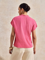 Ro&Zo Pink 100% Cotton Frill Neck Cheesecloth Top - Image 5 of 7