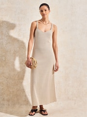 Ro&Zo Brown Petite Stripe Knit Sweetheart Neck Dress - Image 1 of 3