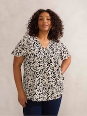 Live Unlimited Black Mono Print Pleat Front Nehru Collar Top - Image 1 of 3