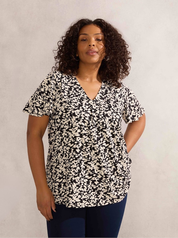 Live Unlimited Black Mono Print Pleat Front Nehru Collar Top - Image 1 of 3