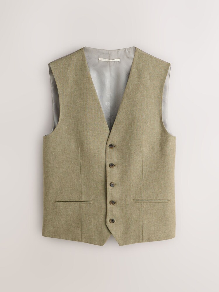 Green Linen Blend Texture Suit Waistcoat - Image 1 of 5 Green Linen Blend Texture Suit Waistcoat - Image 1 of 5