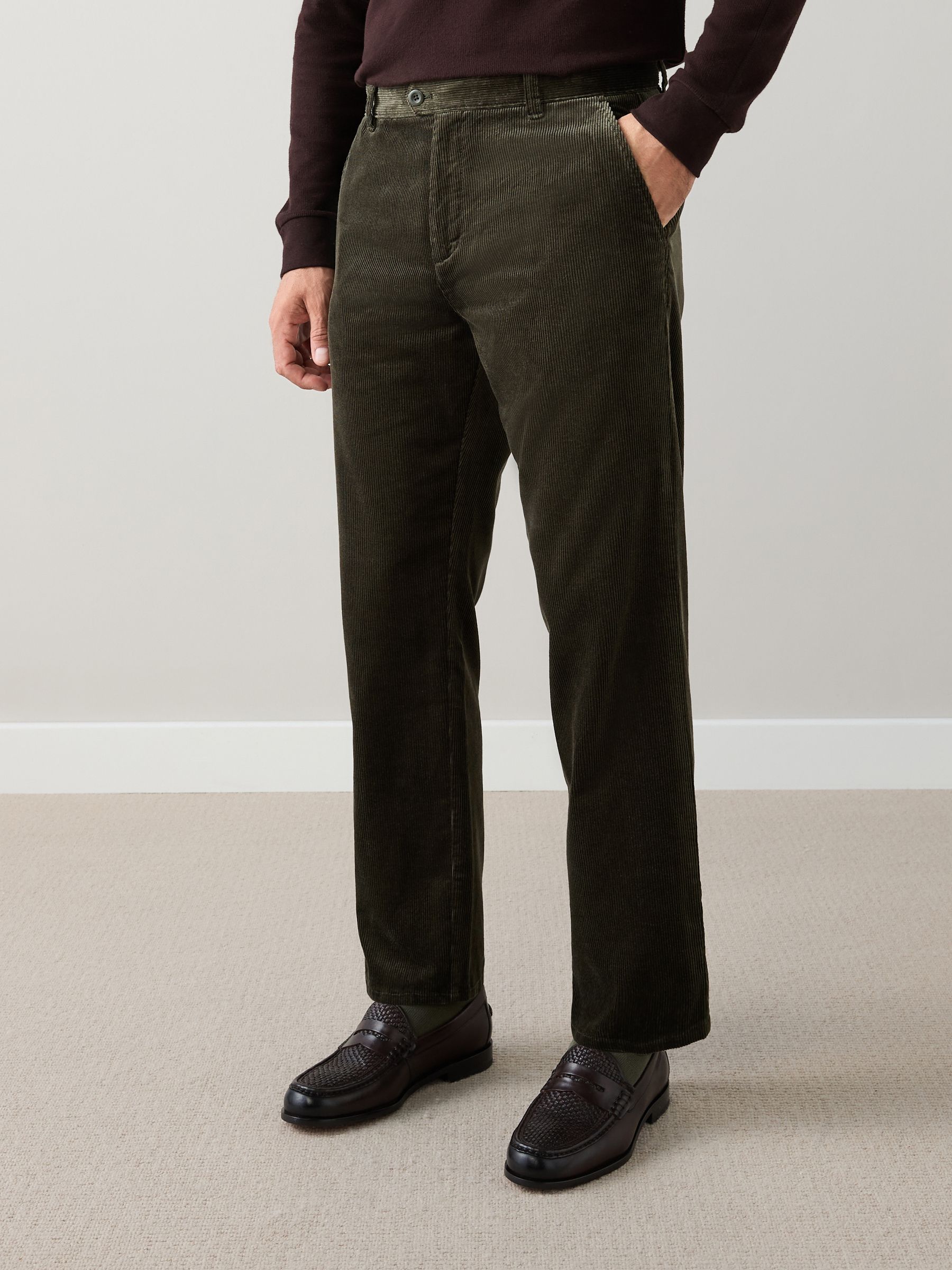 Buy Khaki Green Straight Fit Signature Corduroy Trousers With