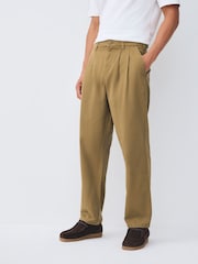 Stone Relaxed Tapered Fit Authentic Twin Pleated Textured Trousers - Image 1 of 11
