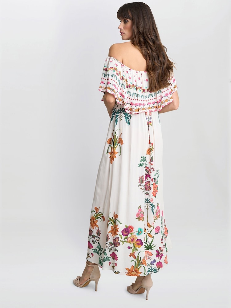 Vestido blanco de algodón 100 % con hombros descubiertos y volantes Rose de Gina Bacconi - Imagen 2 de 6