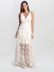 Gina Bacconi Cream Zafira Floral Print Appliqué Dress - Image 1 of 6