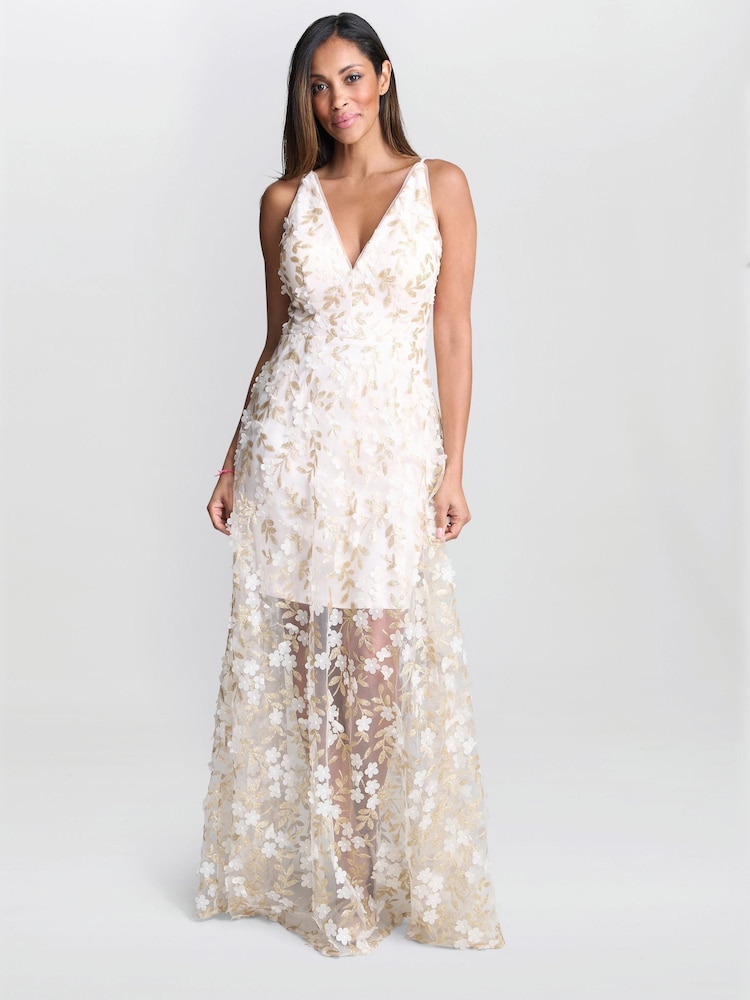 Gina Bacconi Cream Zafira Floral Print Appliqué Dress - Imagen 1 de 6 Gina Bacconi Cream Zafira Floral Print Appliqué Dress - Imagen 1 de 6