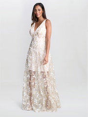 Gina Bacconi Cream Zafira Floral Print Appliqué Dress - Image 3 of 6
