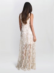 Gina Bacconi Cream Zafira Floral Print Appliqué Dress - Image 4 of 6